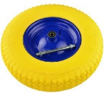 Колесо полиуретановое 3,5-8, желто-синее, с осью, нагрузка 150 кг.